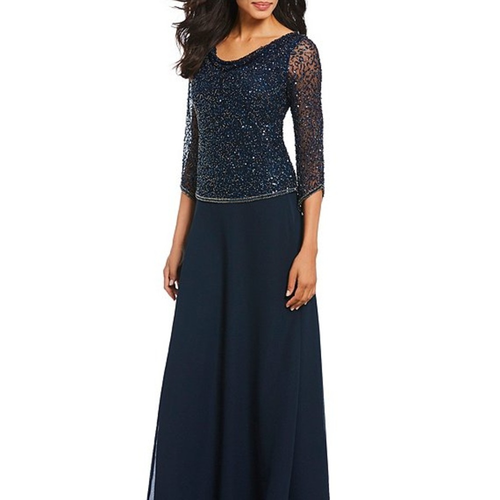 Jkara Sequin Cowl Neck Chiffon Gown Navy